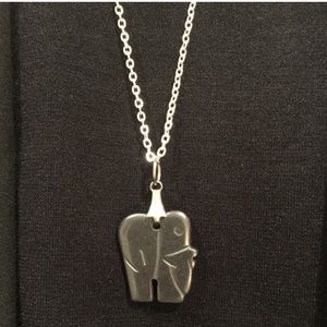 N14-Vintage Carved Pewter Color Hematite Elephant Charm on Black Cording